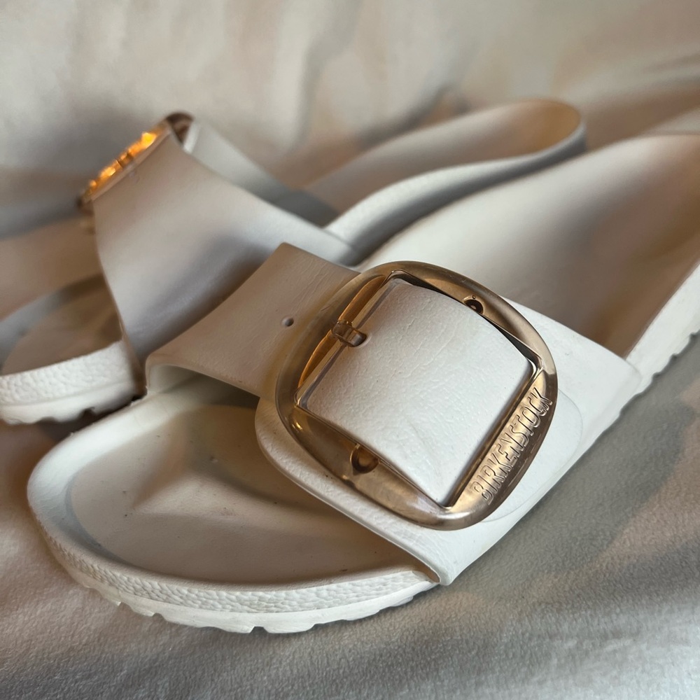 Birkenstock White Sandals with Gold Buckle